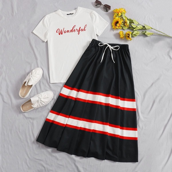 

Letter Graphic Top & Striped Skirt Set, Blue and white