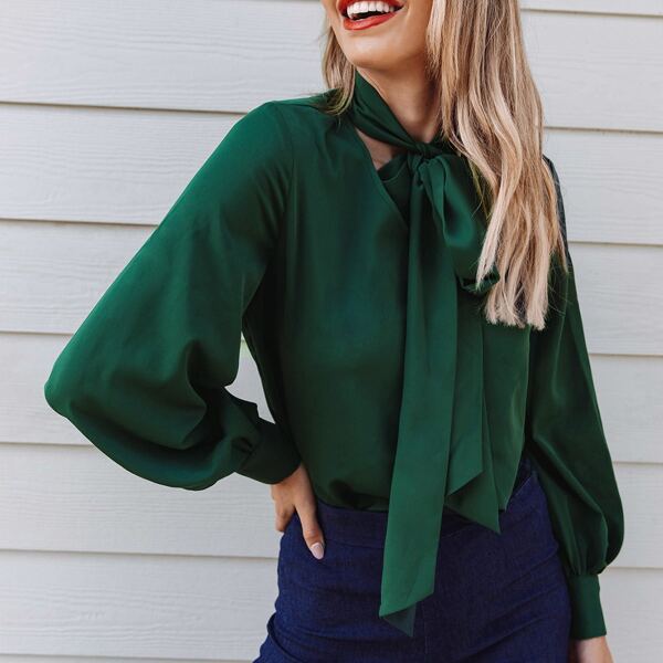 

Lantern Sleeve Tie Neck Solid Top, Dark green