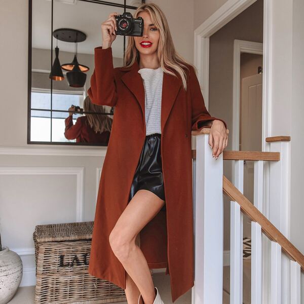 

Notched Collar Split Hem Self Belted Overcoat, Rust brown