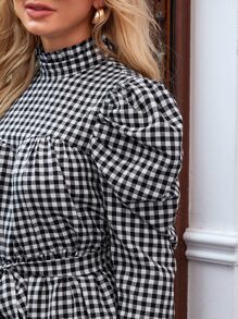 SHEIN Privé 木耳邊領羊腿袖腰帶格紋洋裝