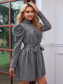 SHEIN Privé 木耳邊領羊腿袖腰帶格紋洋裝