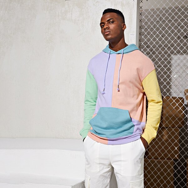

Men Color Block Drop Shoulder Drawstring Hoodie, Multicolor