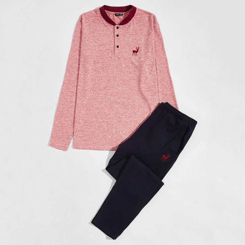 

Guys Animal Embroidery Button Front Tee & Pants PJ Set, Multicolor