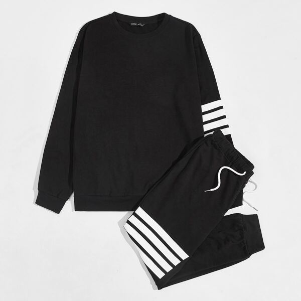 

Men Striped Pullover & Drawstring Waist Sweatpants Set, Black