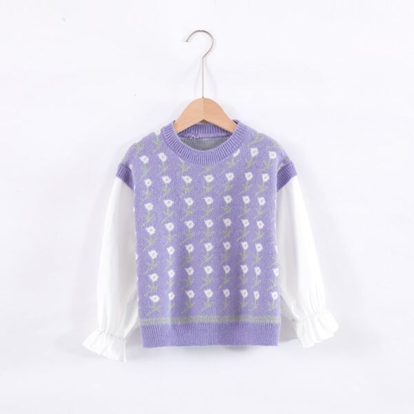 

Girls 2 In 1 Floral Pattern Flounce Sleeve Sweater, Lilac purple