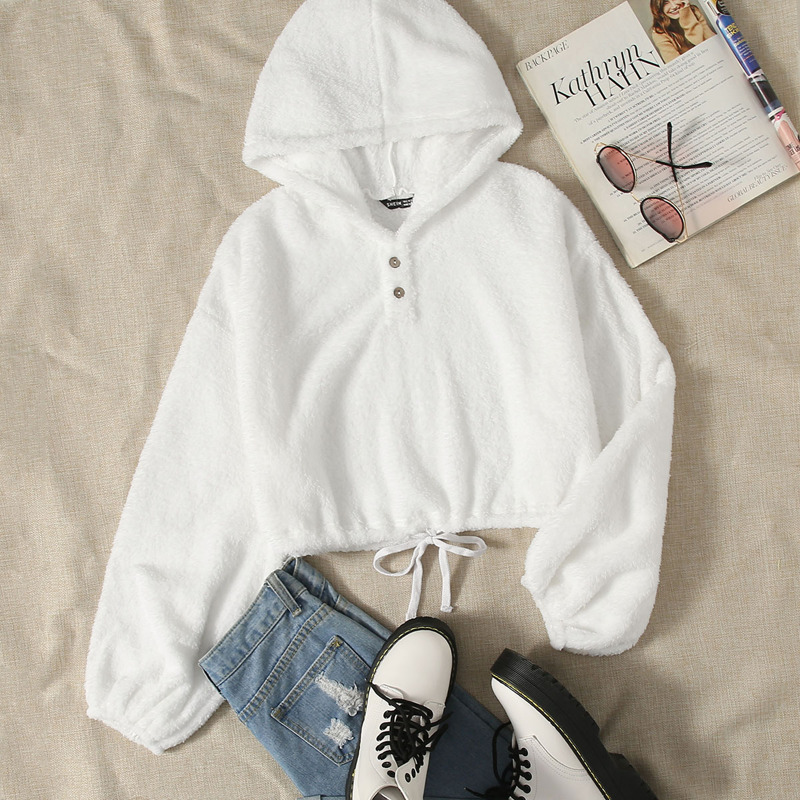 

Button Front Knot Hem Teddy Hoodie, White
