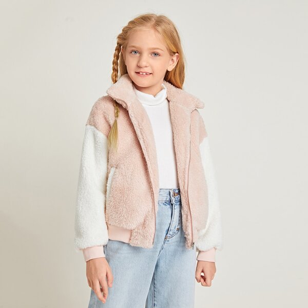 

Girls Drop Shoulder Zip Up Teddy Jacket, Pastel baby pink