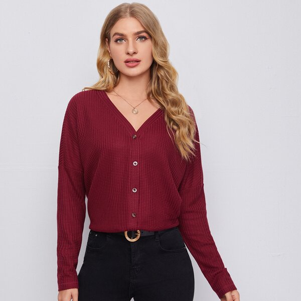 

Single Breasted Waffle Knit Tee, Burgundy