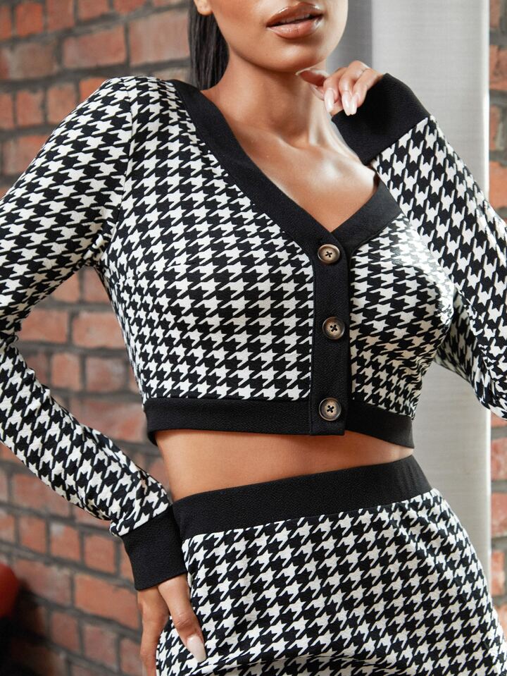SHEIN Houndstooth Button Front Crop Top & Skirt Set | SHEIN USA