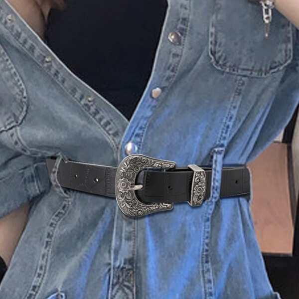 

Flower Engraved Metal Buckle Belt, Black