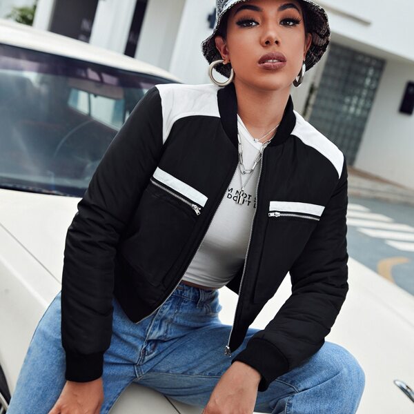 

Color Block Zip Up Crop Bomber Jacket, Black
