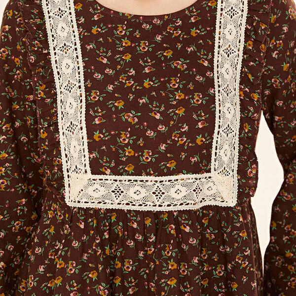 

Lace Panel Ditsy Floral Smock Dress, Coffee brown