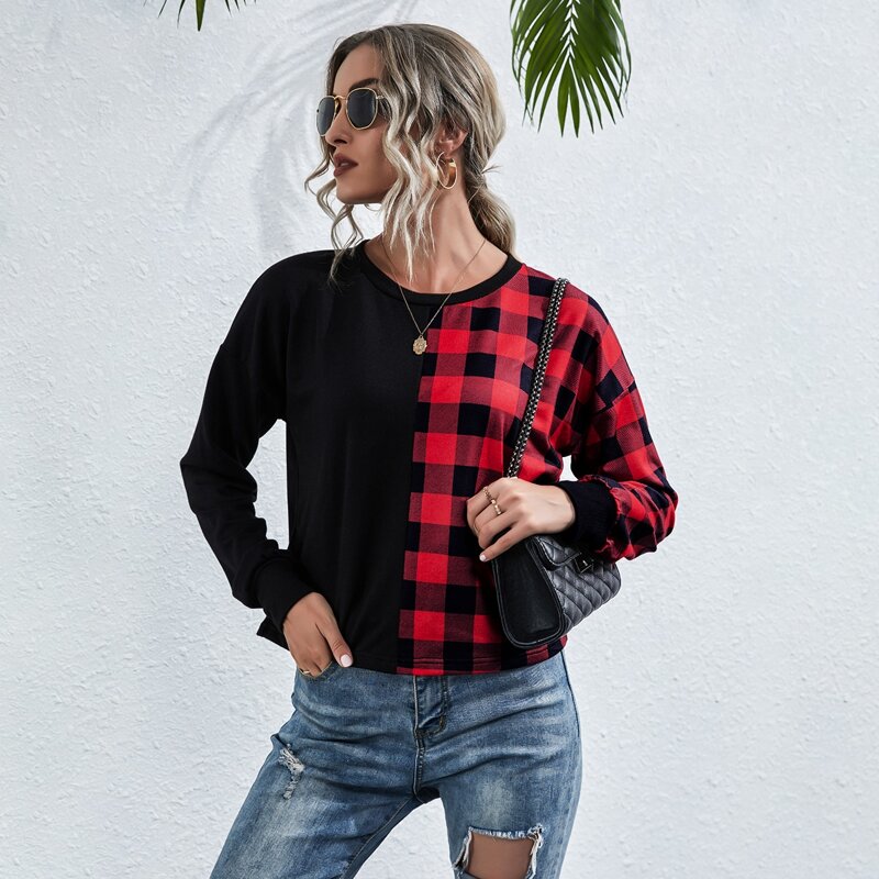 

Contrast Buffalo Plaid Drop Shoulder Sweatshirt, Multicolor