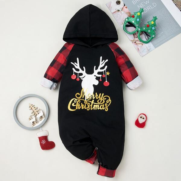 

Baby Boy Gingham & Christmas Print Hooded Jumpsuit, Black