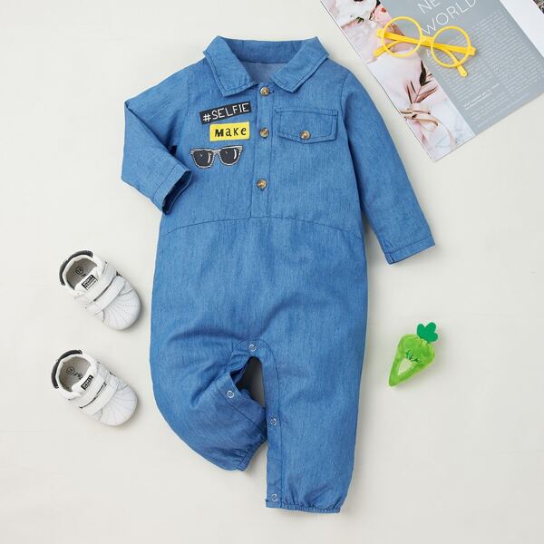 

Baby Boy Cartoon And Letter Graphic Denim Jumpsuit, Medium wash