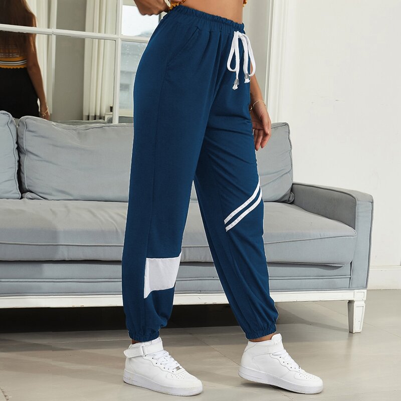 

Color-block Striped Drawstring Waist Sweatpants, Navy blue
