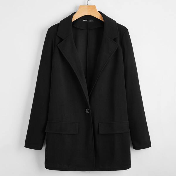 

Solid Single Button Lapel Collar Blazer, Black