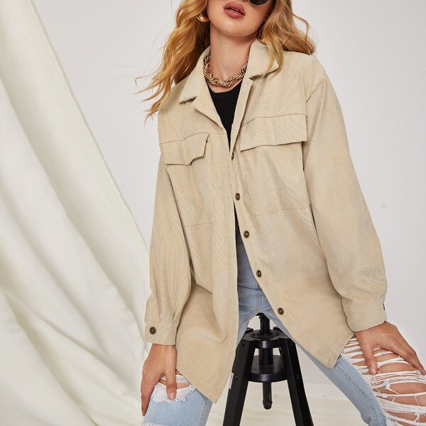 

Drop Shoulder Flap Pocket Coat, Beige