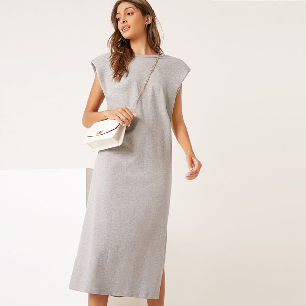 

Heathered Gray Padded Shoulder Maxi Dress, Light grey