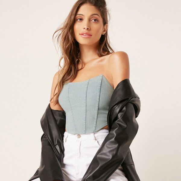 

Denim Zip-Up Cropped Tube Top, Light wash