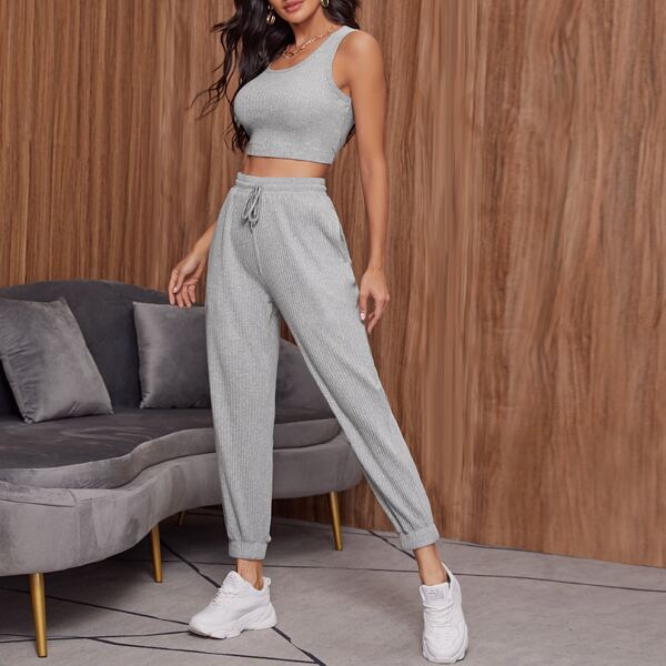 

Rib-knit Crop Tank Top & Joggers Set, Light grey