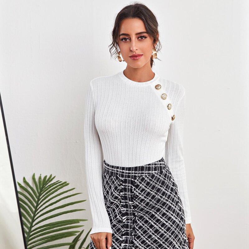 

Button Front Fitted Top, White