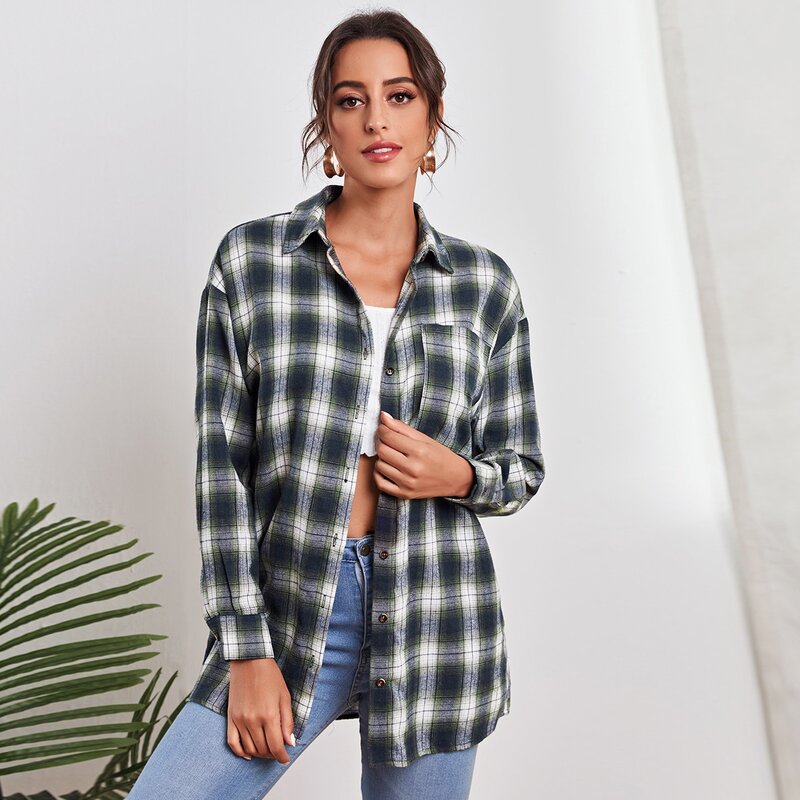 

Drop Shoulder Tartan Blouse, Multicolor