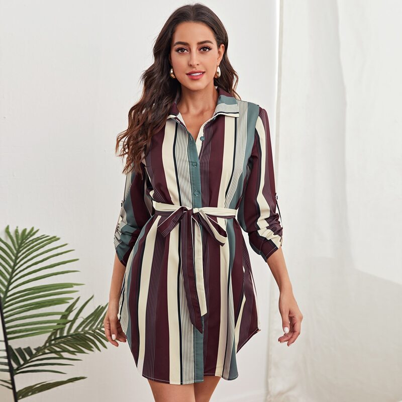 

Roll Up Sleeve Belted Striped Shirt Dress, Multicolor