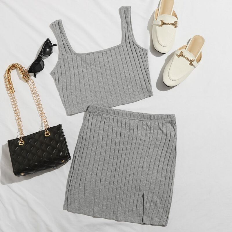 

Rib-knit Crop Tank Top & Split Hem Skirt Set, Light grey