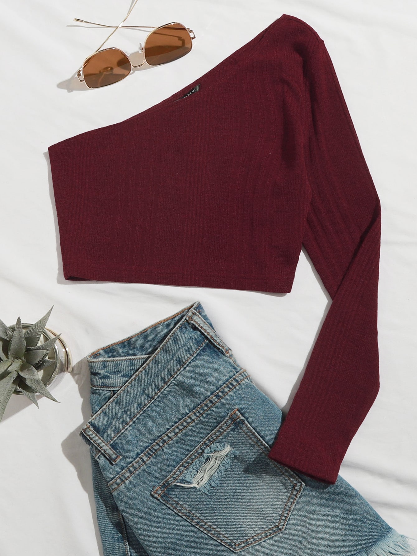 One Shoulder Rib-knit Crop Tee thumbnail