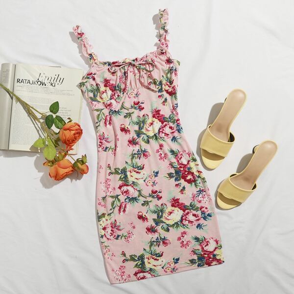 

Floral Print Frill Trim Knot Front Dress, Multicolor