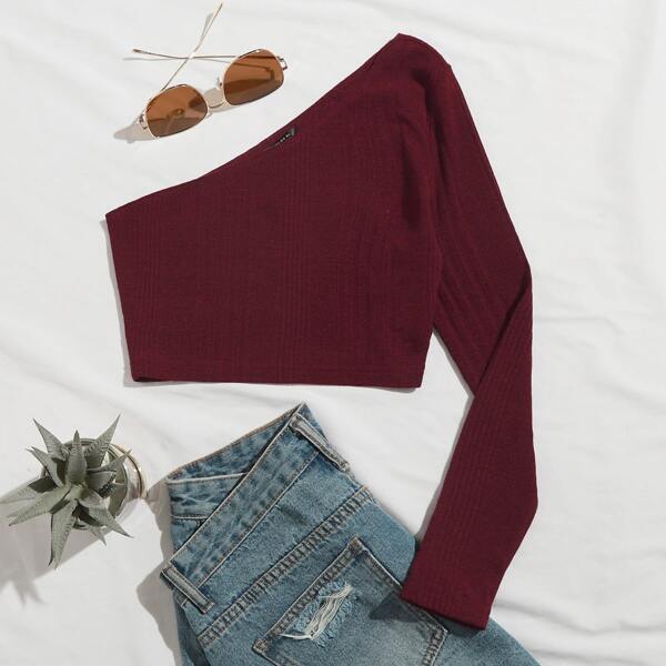 

One Shoulder Rib-knit Crop Tee, Maroon