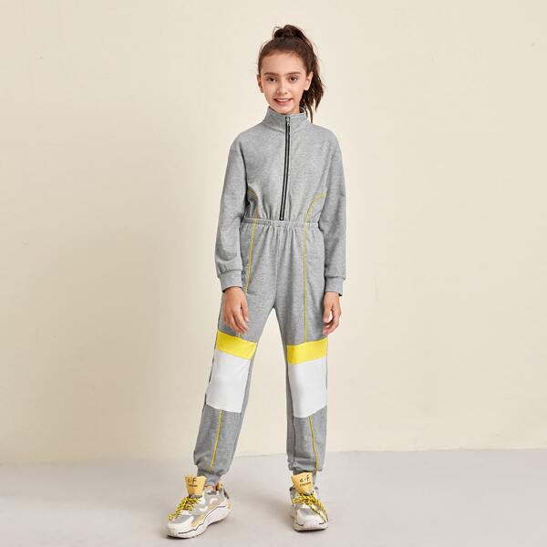 

Girls Zipper Half Placket Contrast Binding Jumpsuit, Grey