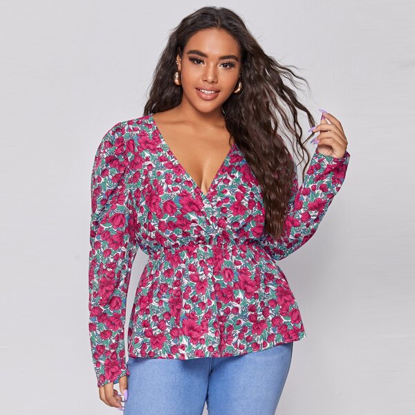 

Plus Allover Floral Print Peplum Blouse, Multicolor
