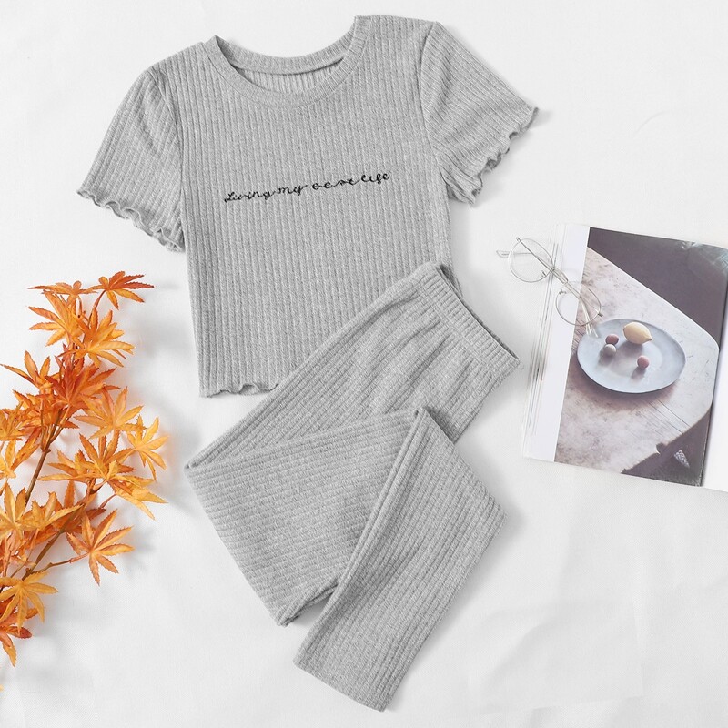 

Letter Graphic Lettuce Trim Rib-knit Lounge Set, Light grey