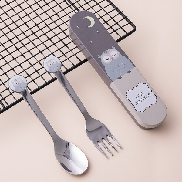

3pcs Cartoon Owl Cutlery Set & Box, Multicolor