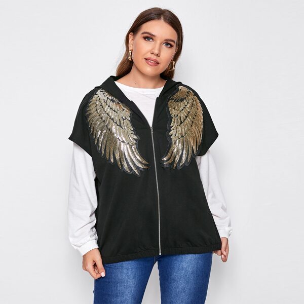 

Plus Contrast Sequin Wings Zipper Front Hooded Jacket Without Sweatshirt, Black