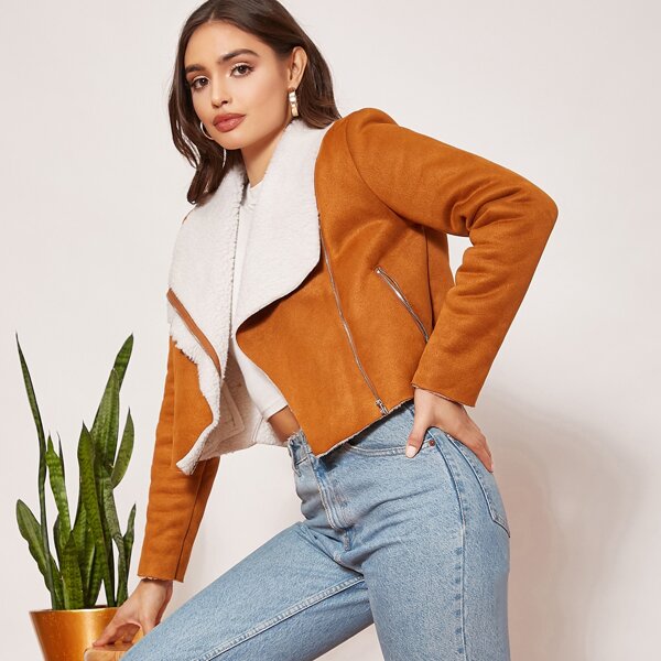 

Waterfall Collar Zipper Up Suede Jacket, Brown