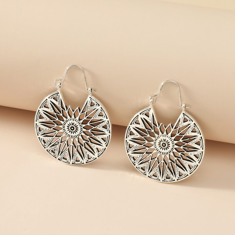 

Hollow Round Hoop Earrings, Antique silver