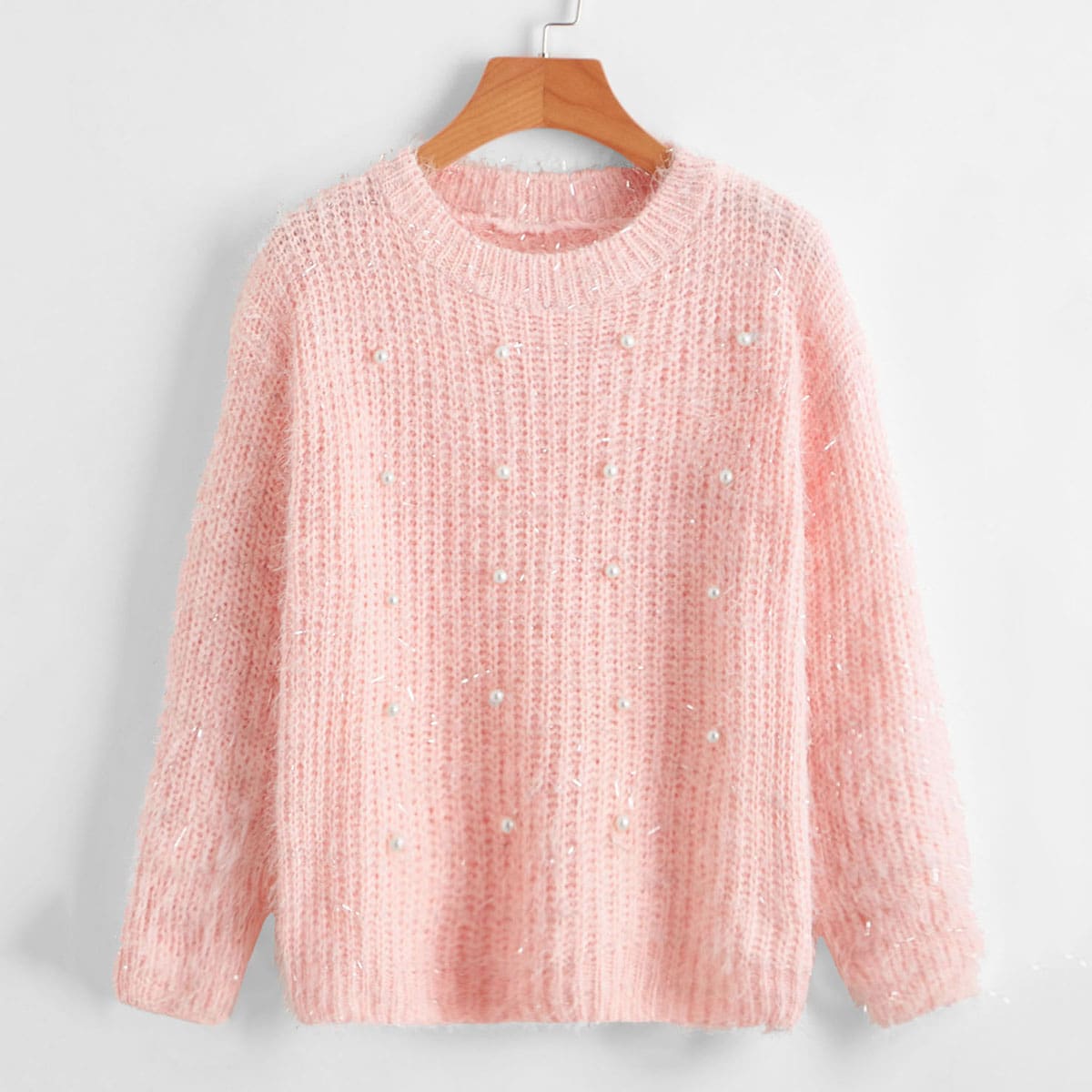 

Faux Pearl Decor Knit Sweater, Baby pink