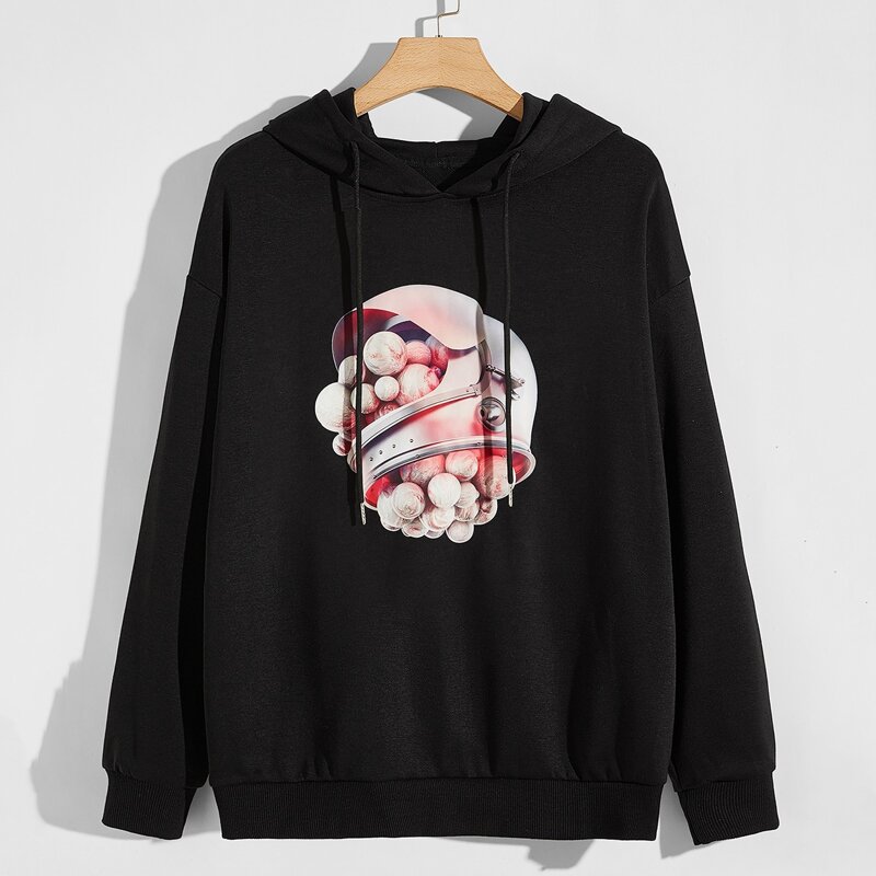 Guys Graphic Print Hoodie, Black
