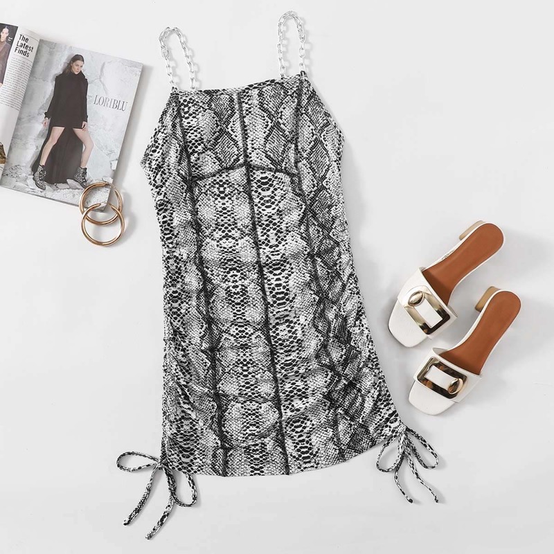 

Chain Straps Drawstring Knot Snakeskin Dress, Black and white