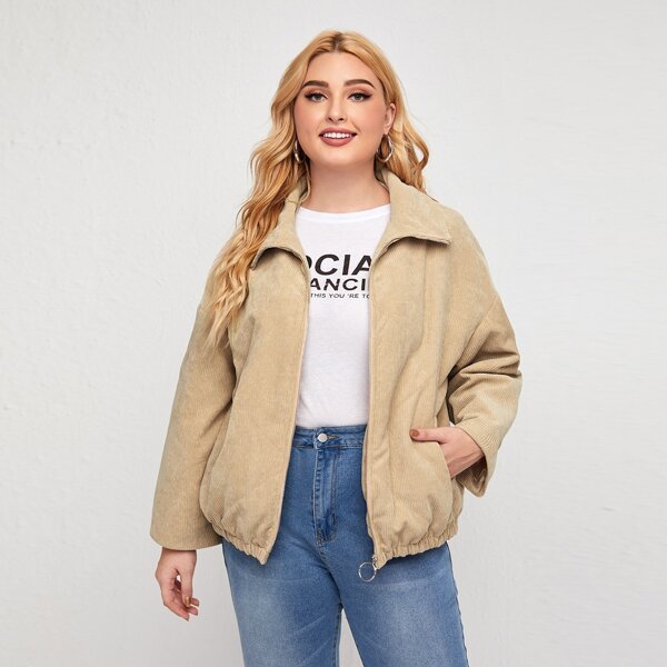 

Plus Zipper Up Drop Shoulder Quilted Jacket, Khaki