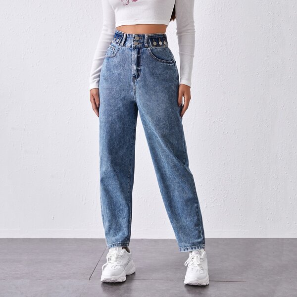 

High-Waisted Button Detail Mom Jeans, Medium wash