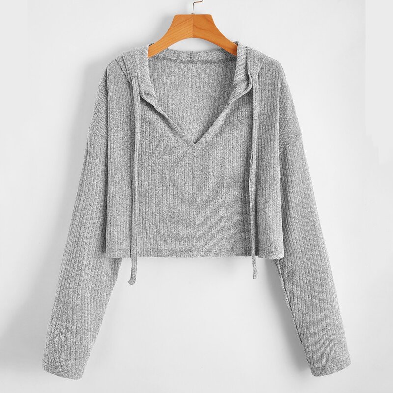 

V-neck Ribbed Hooded Tee, Light grey