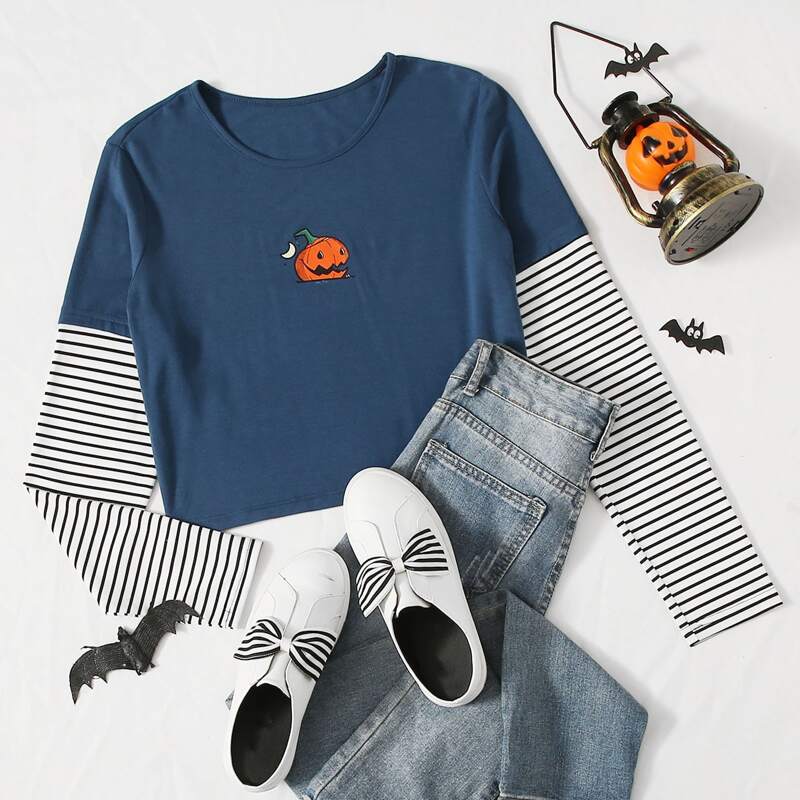 

Pumpkin Graphic Striped Sleeve Tee, Multicolor