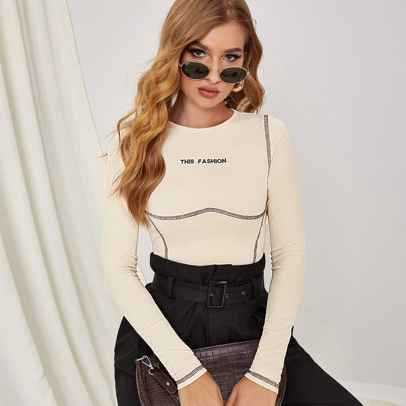 

Stitch Trim Embroidered Letter Tee, Beige