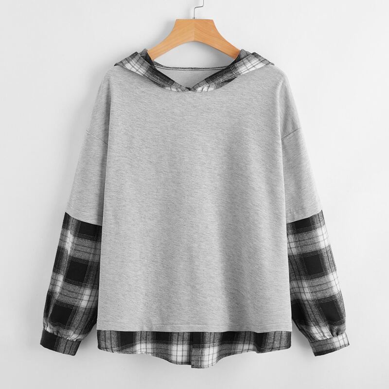 

2 In 1 Contrast Plaid Hoodie, Light grey