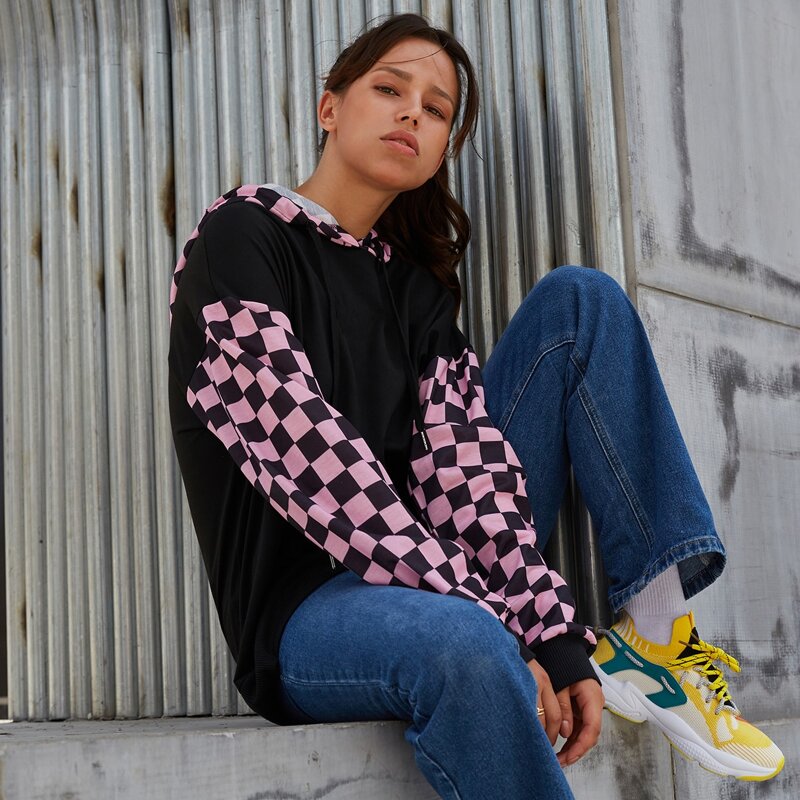 

Contrast Checkerboard Print Oversized Hoodie, Multicolor