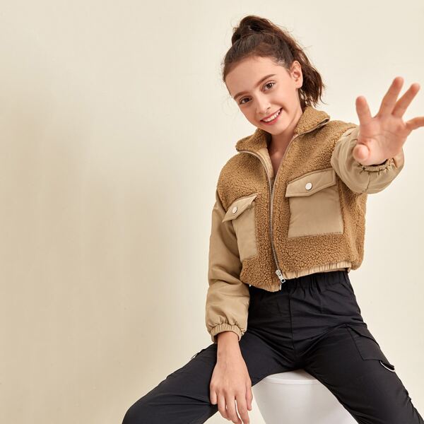 

Girls Flap Pocket Zipper Up Teddy Jacket, Khaki